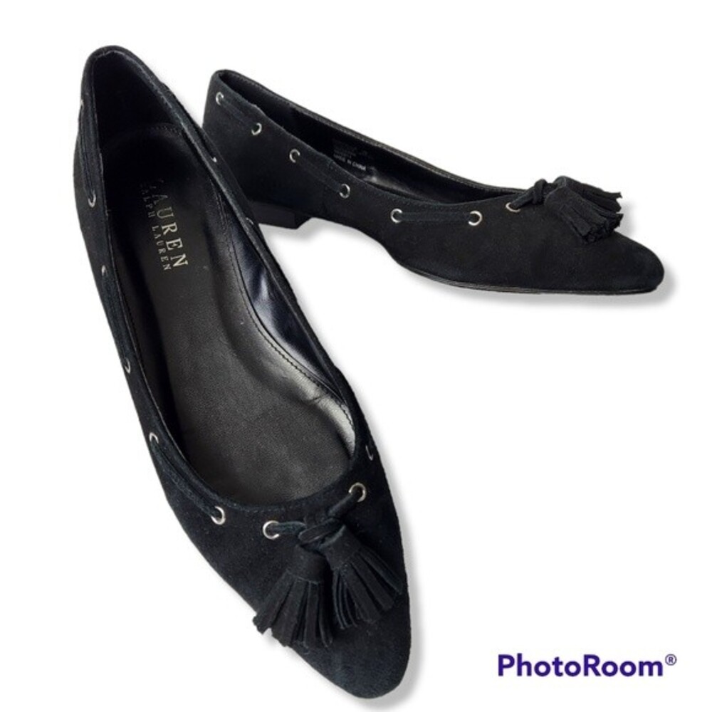 Lauren Ralph Lauren Flats Leather Black Suede  Tassles Size 7B Narcella